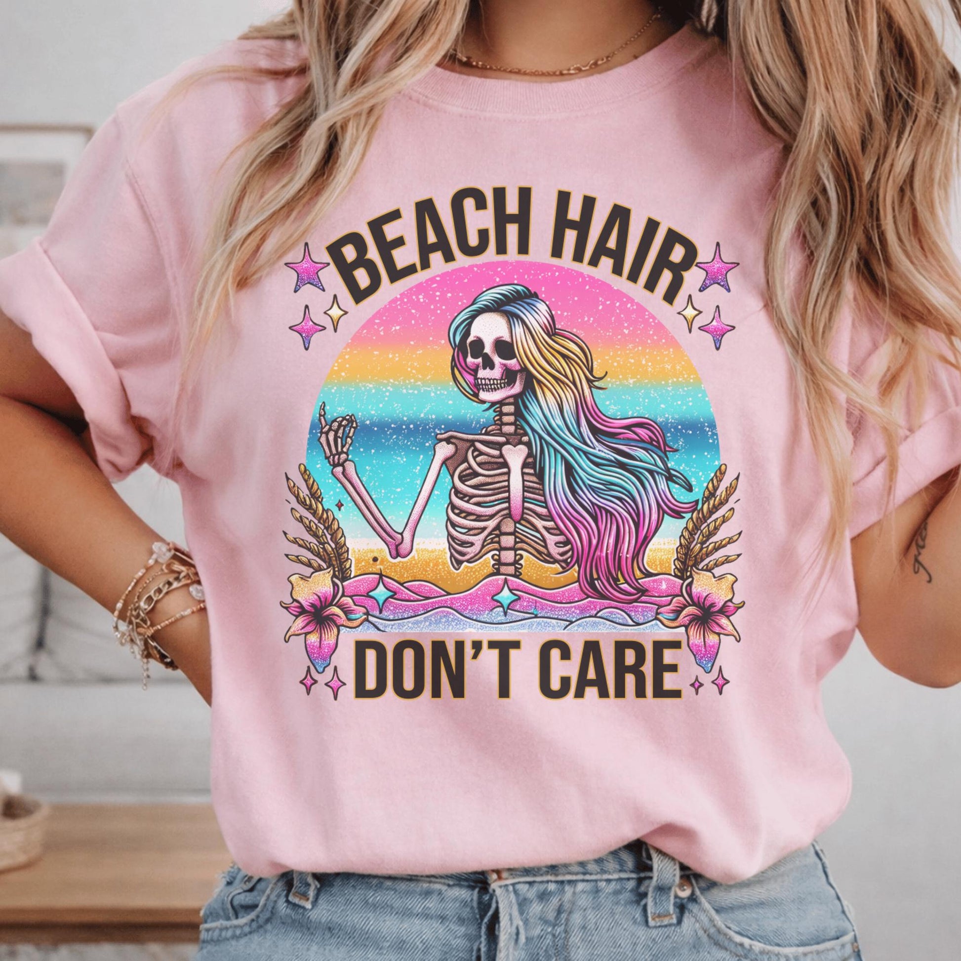Beach Hair Don't Care T-Shirt, Grunge Skeleton Design, Rainbow Colors, Summer Beach Vibes, Unique Festival Shirt, Graphic Tee