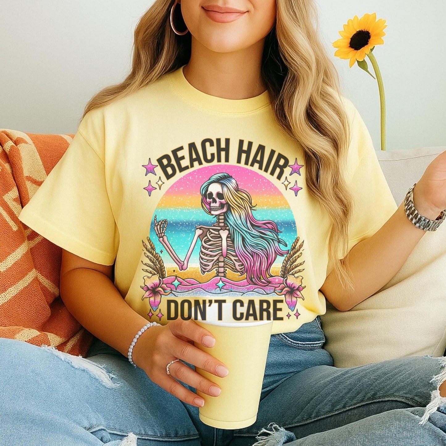 Beach Hair Don't Care T-Shirt, Grunge Skeleton Design, Rainbow Colors, Summer Beach Vibes, Unique Festival Shirt, Graphic Tee
