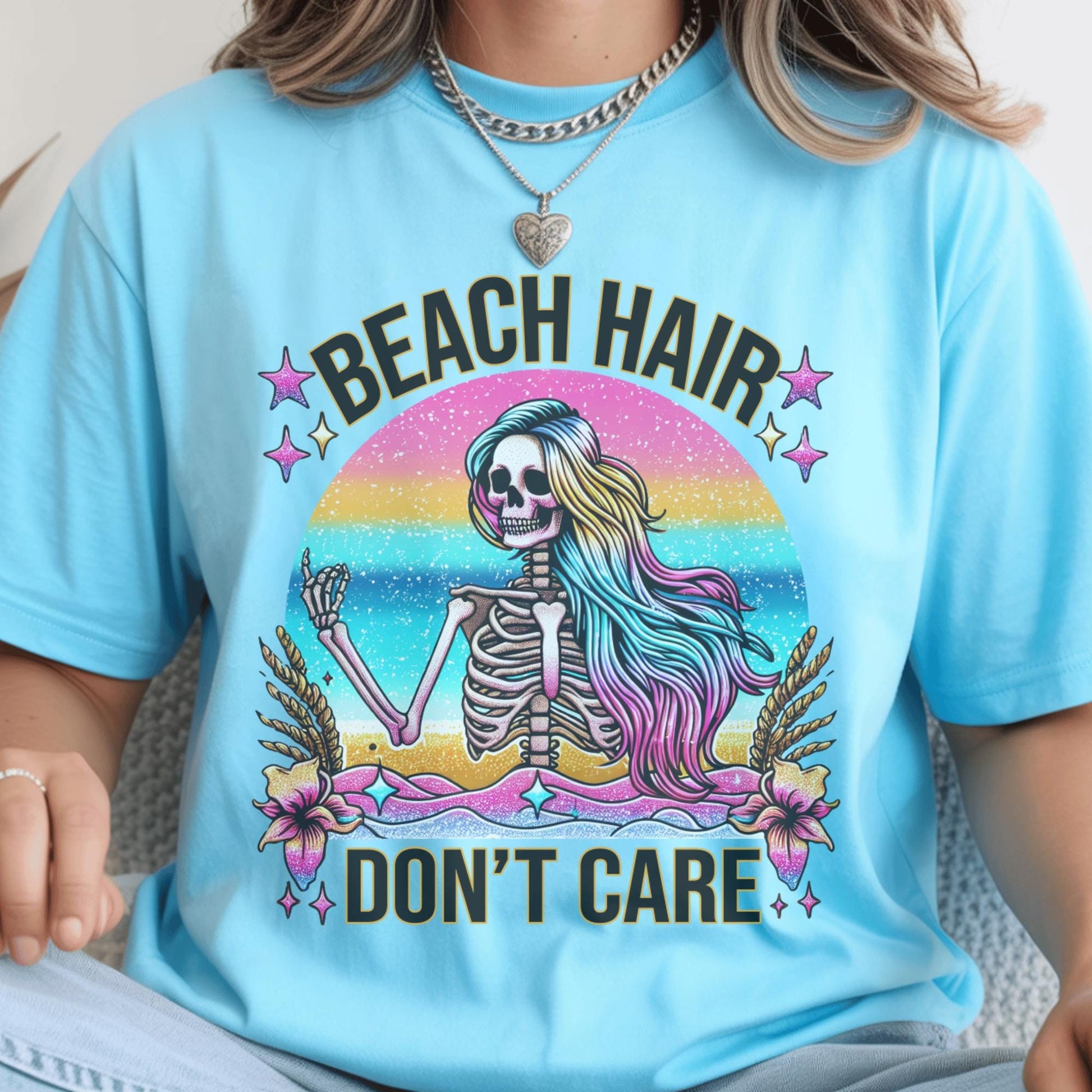 Beach Hair Don't Care T-Shirt, Grunge Skeleton Design, Rainbow Colors, Summer Beach Vibes, Unique Festival Shirt, Graphic Tee
