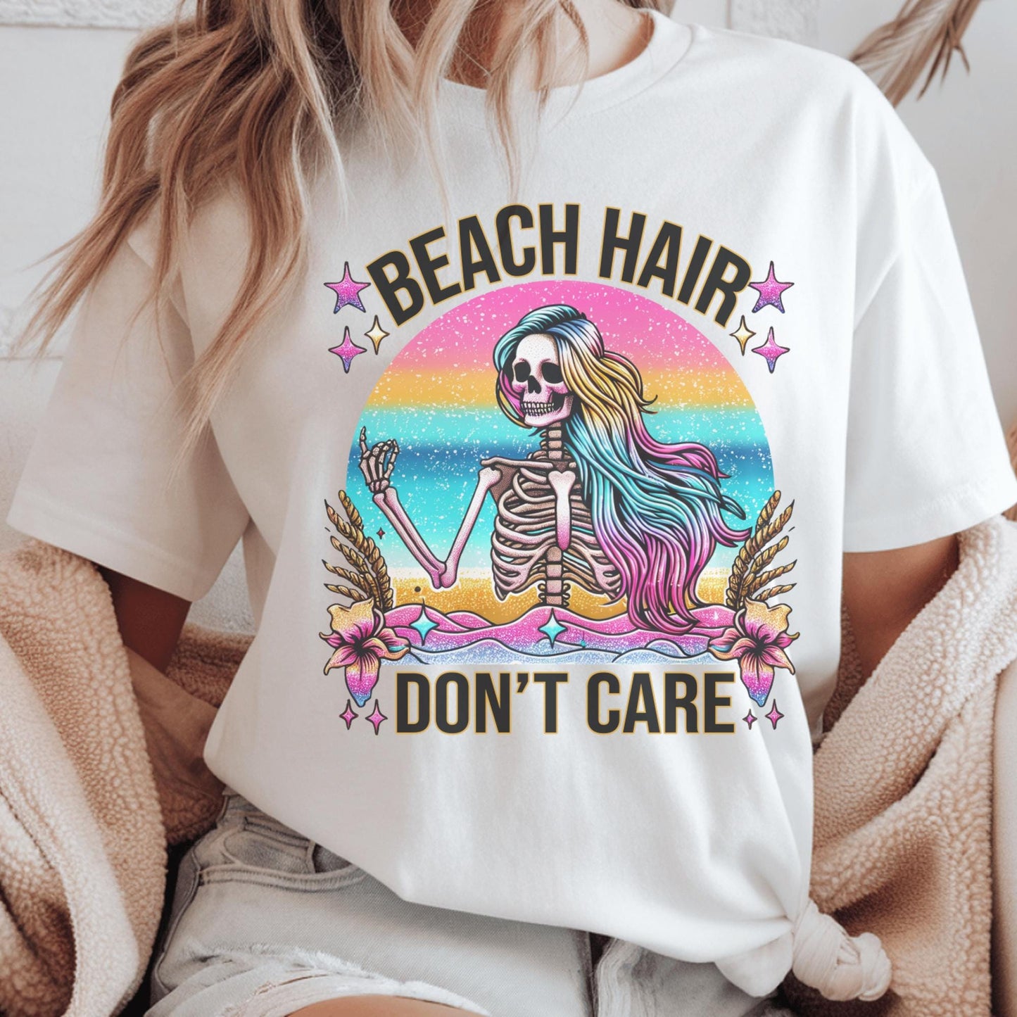 Beach Hair Don't Care T-Shirt, Grunge Skeleton Design, Rainbow Colors, Summer Beach Vibes, Unique Festival Shirt, Graphic Tee