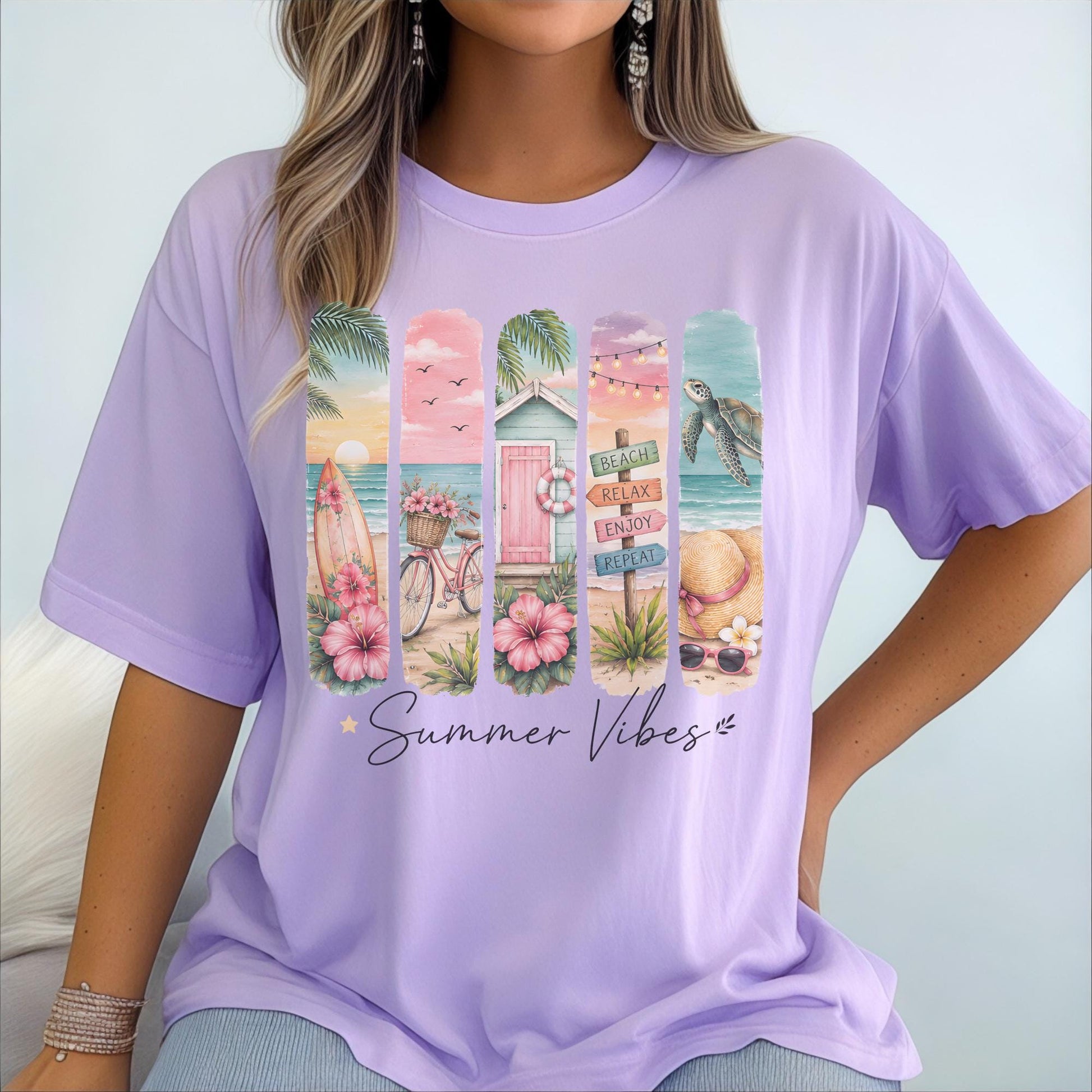 Summer Vibes Beach Decor, Coastal Living Art, Vibrant Ocean Scene, Tropical Print Home, Surfing Bicycle Seaside