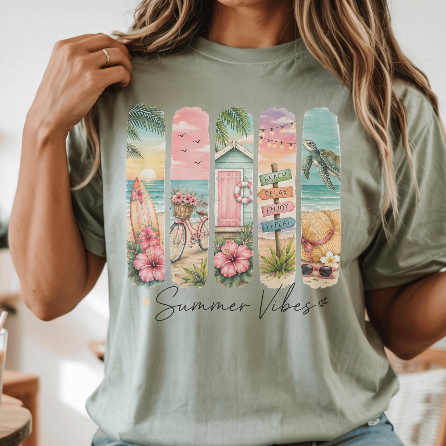 Summer Vibes Beach Decor, Coastal Living Art, Vibrant Ocean Scene, Tropical Print Home, Surfing Bicycle Seaside