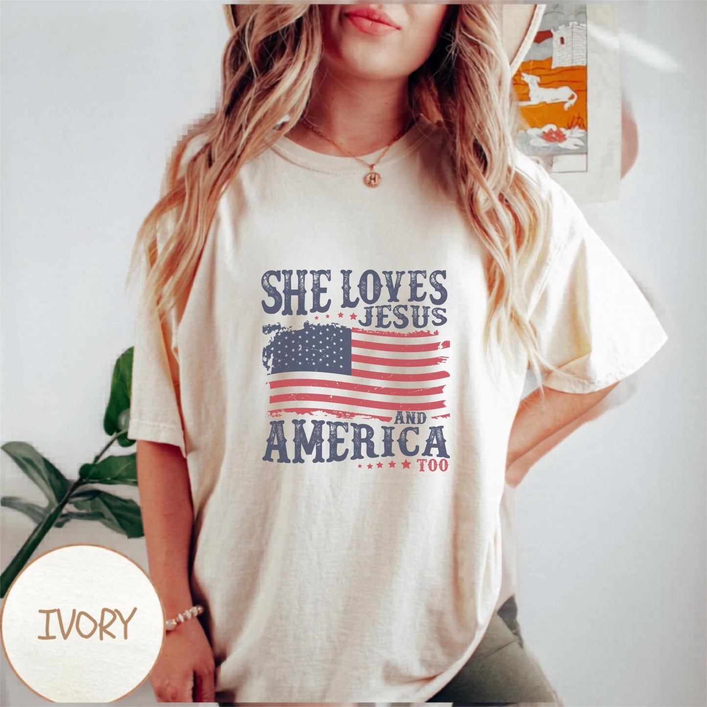 Patriotic Christian Shirt, She Loves Jesus and America, American Flag Tee, Faith Shirt, Round Neck T-shirt, Gift for Her,