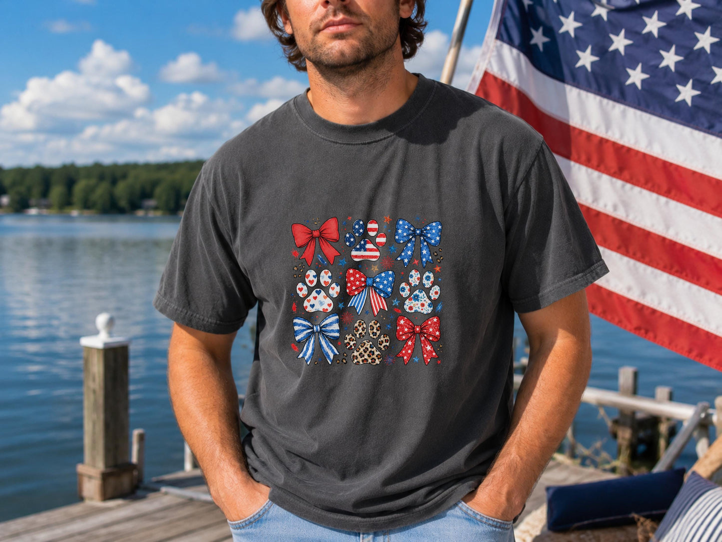 American Flag Paw Print Tshirt, Patriotic Bow Custom Tee, July 4th Animal Lover Gift, Cute USA Dog Lover Shirt, Independence Day Tee