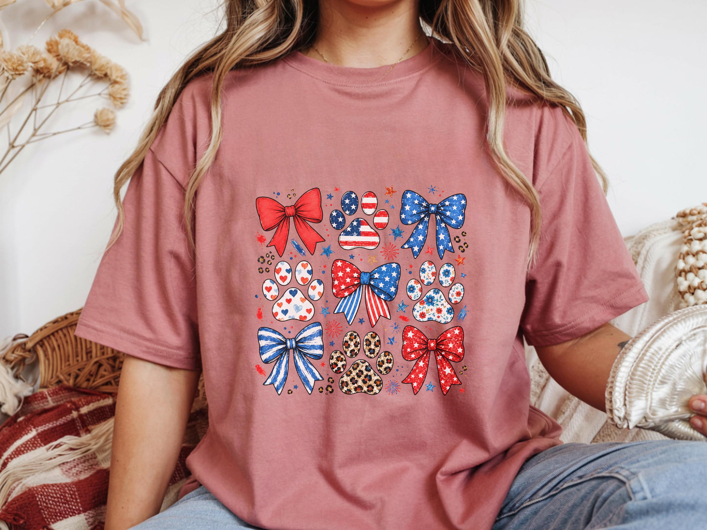 American Flag Paw Print Tshirt, Patriotic Bow Custom Tee, July 4th Animal Lover Gift, Cute USA Dog Lover Shirt, Independence Day Tee