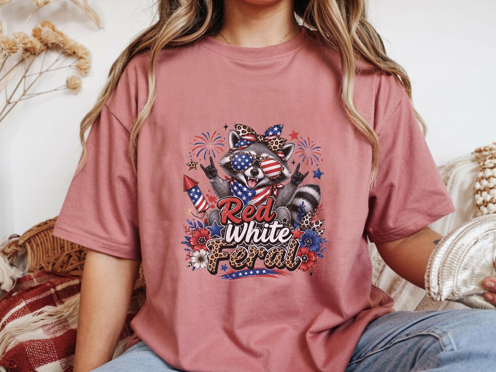 Patriotic Raccoon T-shirt, Red White Feral Graphic Tee, 4th of July Animal Shirt, Customizable Comfort Colors, USA Holiday Apparel Gift