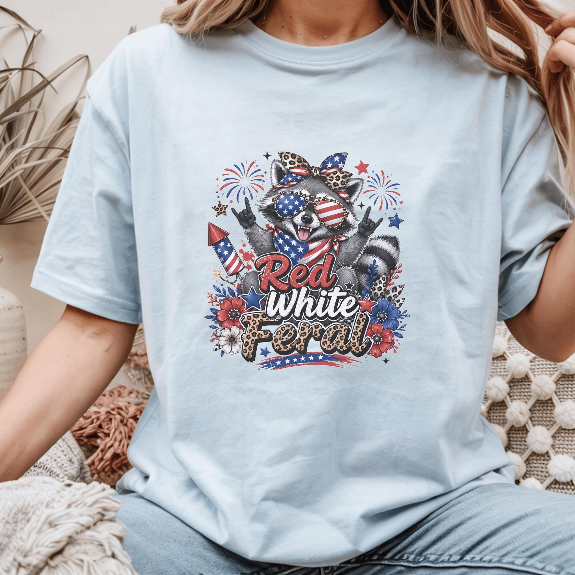 Patriotic Raccoon T-shirt, Red White Feral Graphic Tee, 4th of July Animal Shirt, Customizable Comfort Colors, USA Holiday Apparel Gift