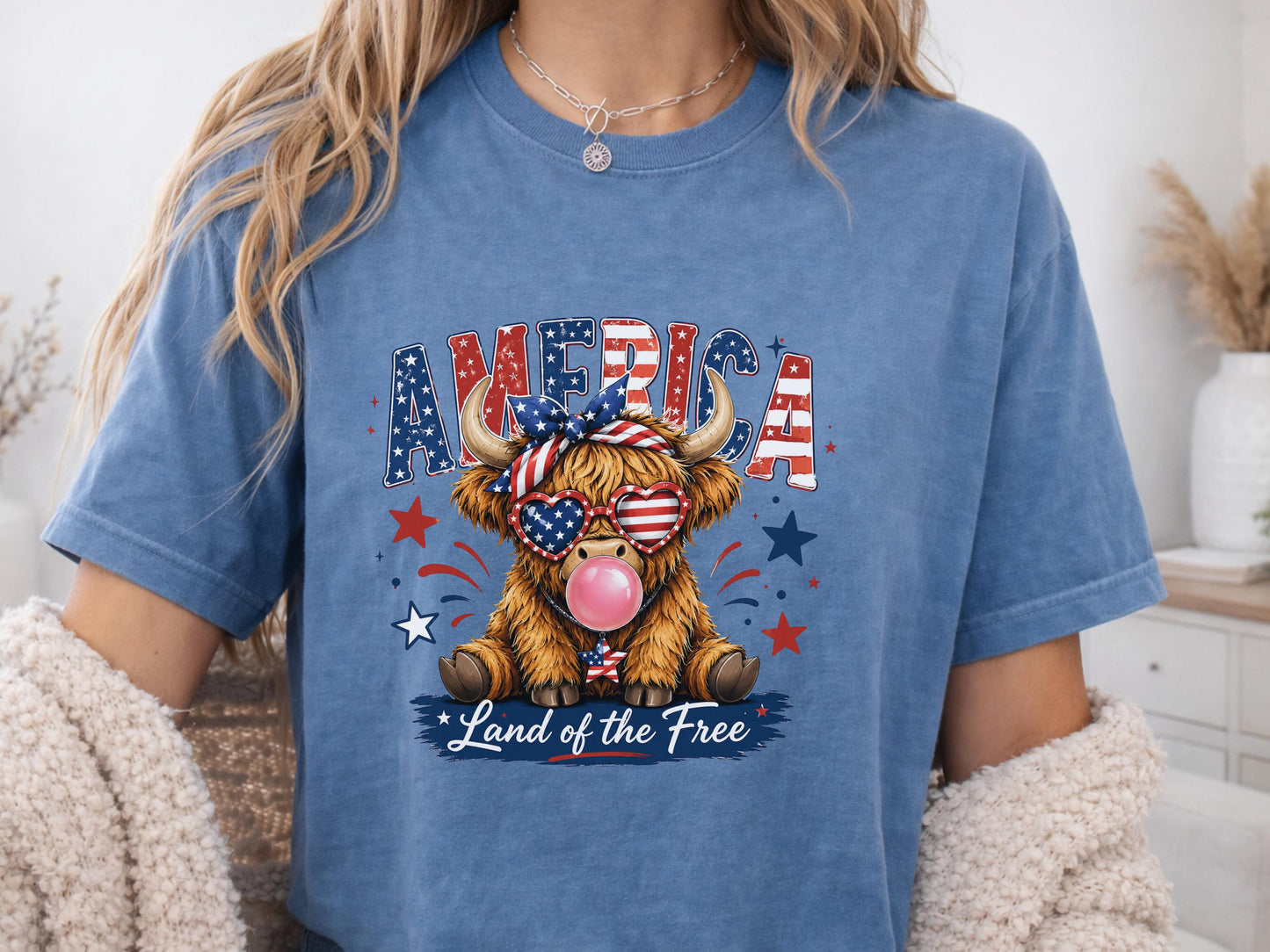 Patriotic Highland Cow Shirt, USA Flag T-Shirt, Land of the Free Tee, 4th of July Gift, Cute Bull Graphic, American Pride Shirt