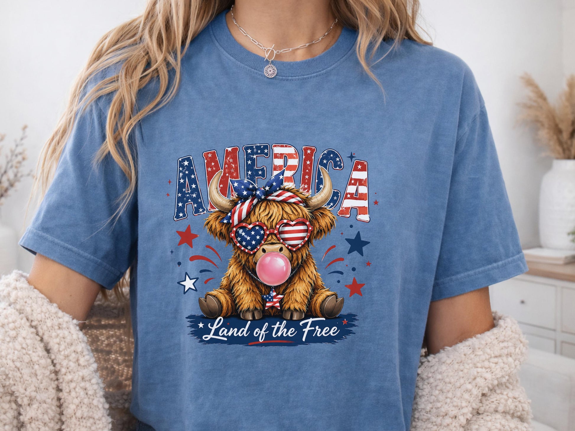 Patriotic Highland Cow Shirt, USA Flag T-Shirt, Land of the Free Tee, 4th of July Gift, Cute Bull Graphic, American Pride Shirt