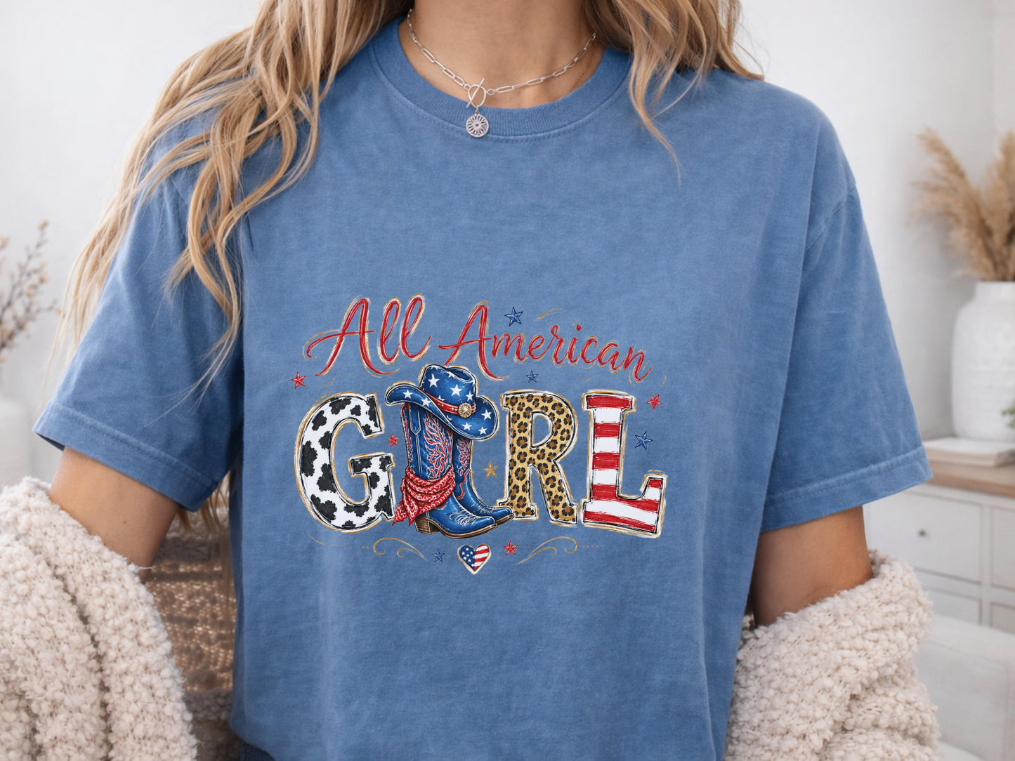All American Girl T-Shirt, Patriotic Cowboy Boots Tee, USA Themed Gift, Cowgirl Western Style, Women's Graphic Shirt, American Flag Art