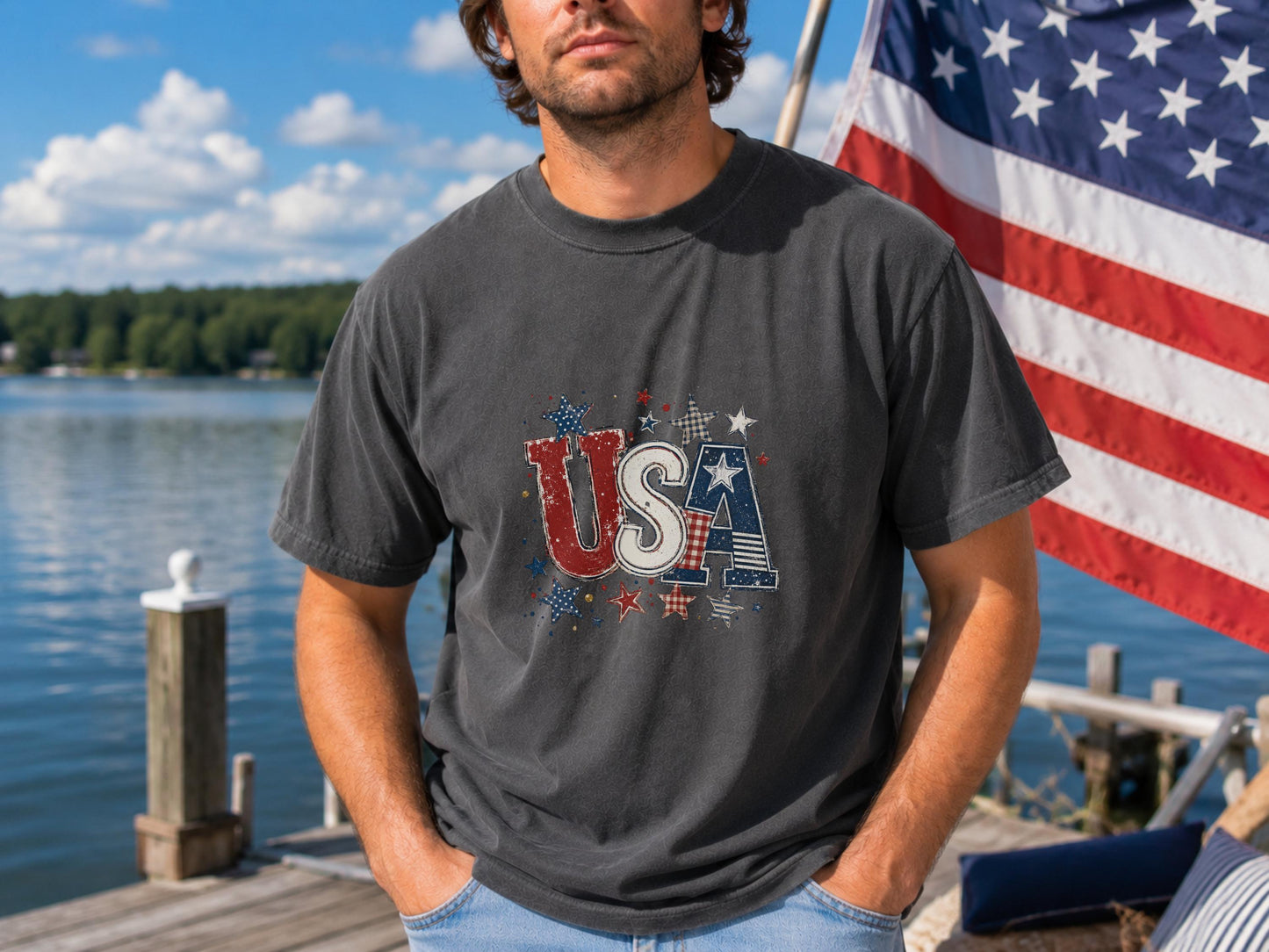 USA Patriotic T-shirt, Vintage Stars & Stripes Tee, Independence Day Clothing, Retro American Pride Shirt, Red White Blue Apparel