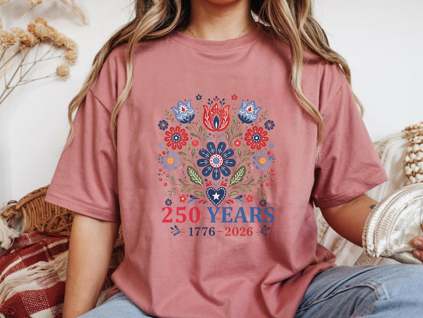 250 Years Commemorative T-Shirt, Patriotic Floral Design Tee, Anniversary Celebration Gift, Heritage Art Shirt, Customizable Apparel