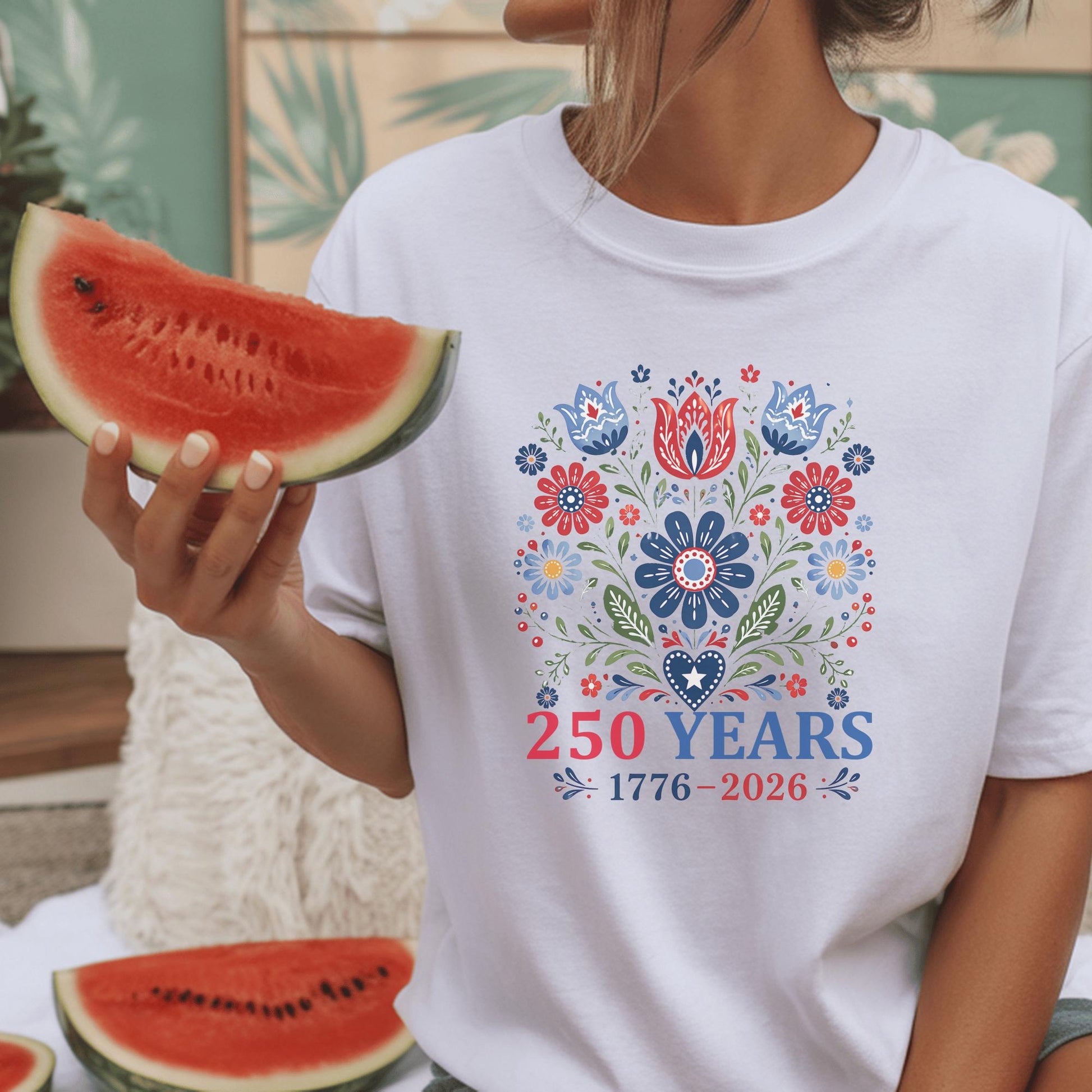 250 Years Commemorative T-Shirt, Patriotic Floral Design Tee, Anniversary Celebration Gift, Heritage Art Shirt, Customizable Apparel