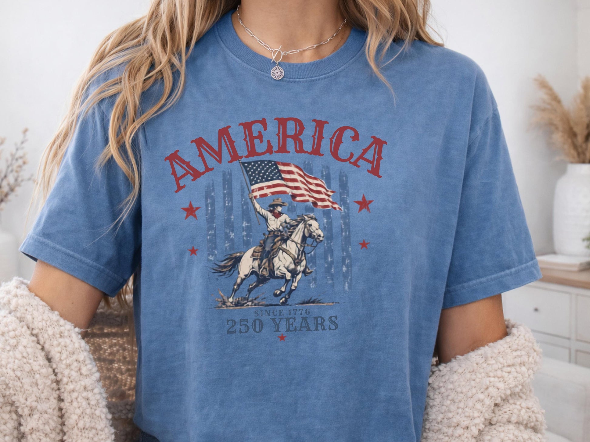 Patriotic USA T-Shirt, American Flag Tee, 250 Years Celebration Shirt, Vintage Style, Cowboy Graphic Top, Independence Day Gift