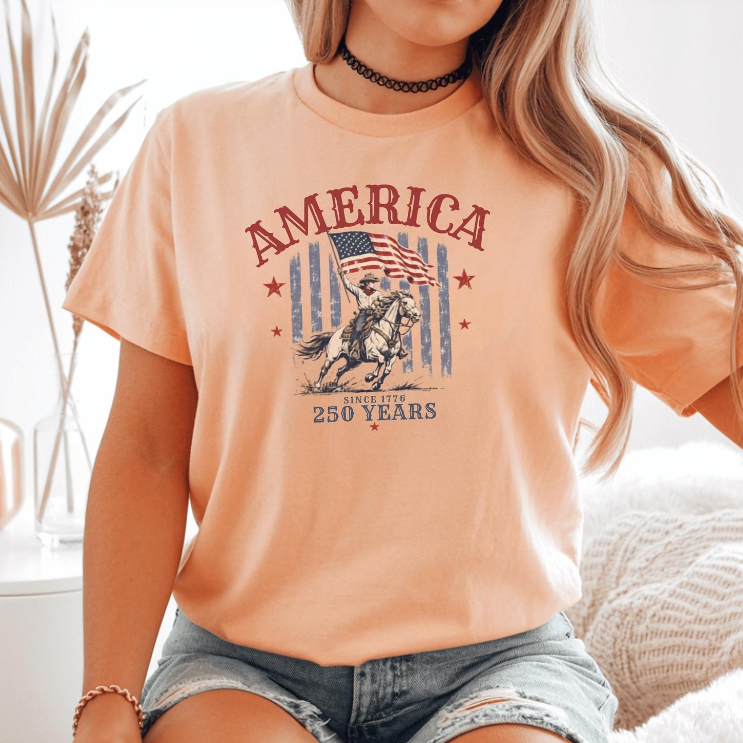 Patriotic USA T-Shirt, American Flag Tee, 250 Years Celebration Shirt, Vintage Style, Cowboy Graphic Top, Independence Day Gift