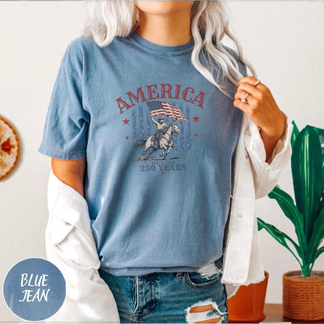Patriotic USA T-Shirt, American Flag Tee, 250 Years Celebration Shirt, Vintage Style, Cowboy Graphic Top, Independence Day Gift