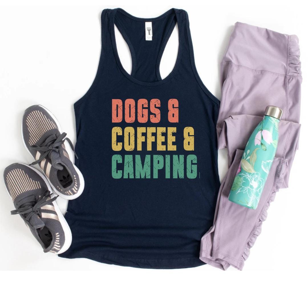 Dogs Coffee Camping Shirt – Dog Lover Camper Tee, Funny Camping & Coffee T-Shirt, Adventure Vacation Shirt, Camping Birthday Gift