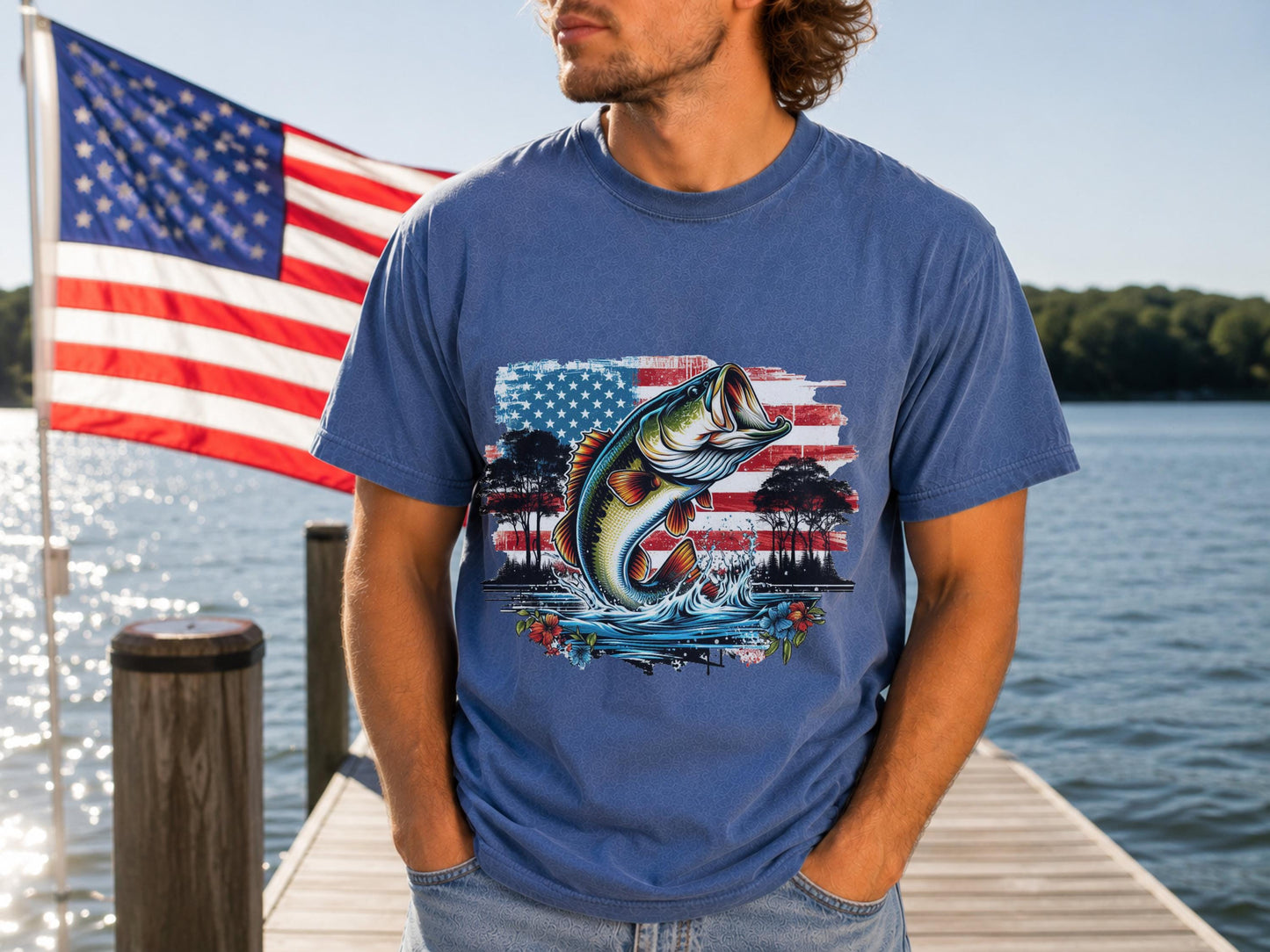 American Flag Bass Fish T-Shirt, Patriotic Angler Graphic Tee, 4th July Fishing Shirt
