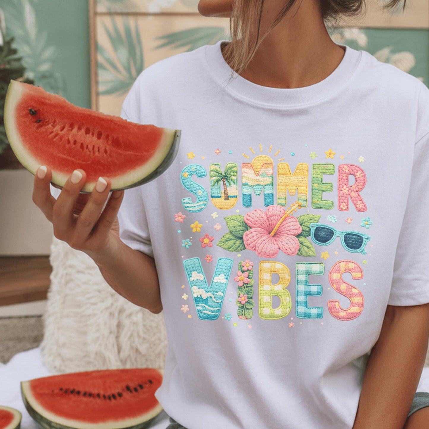 Summer Vibes T-Shirt, Fun Graphic Tee, Beach Holiday Shirt, Bright Colorful Design, For Women, Cute Casual Outfit, Vacation Style, Size S-XL