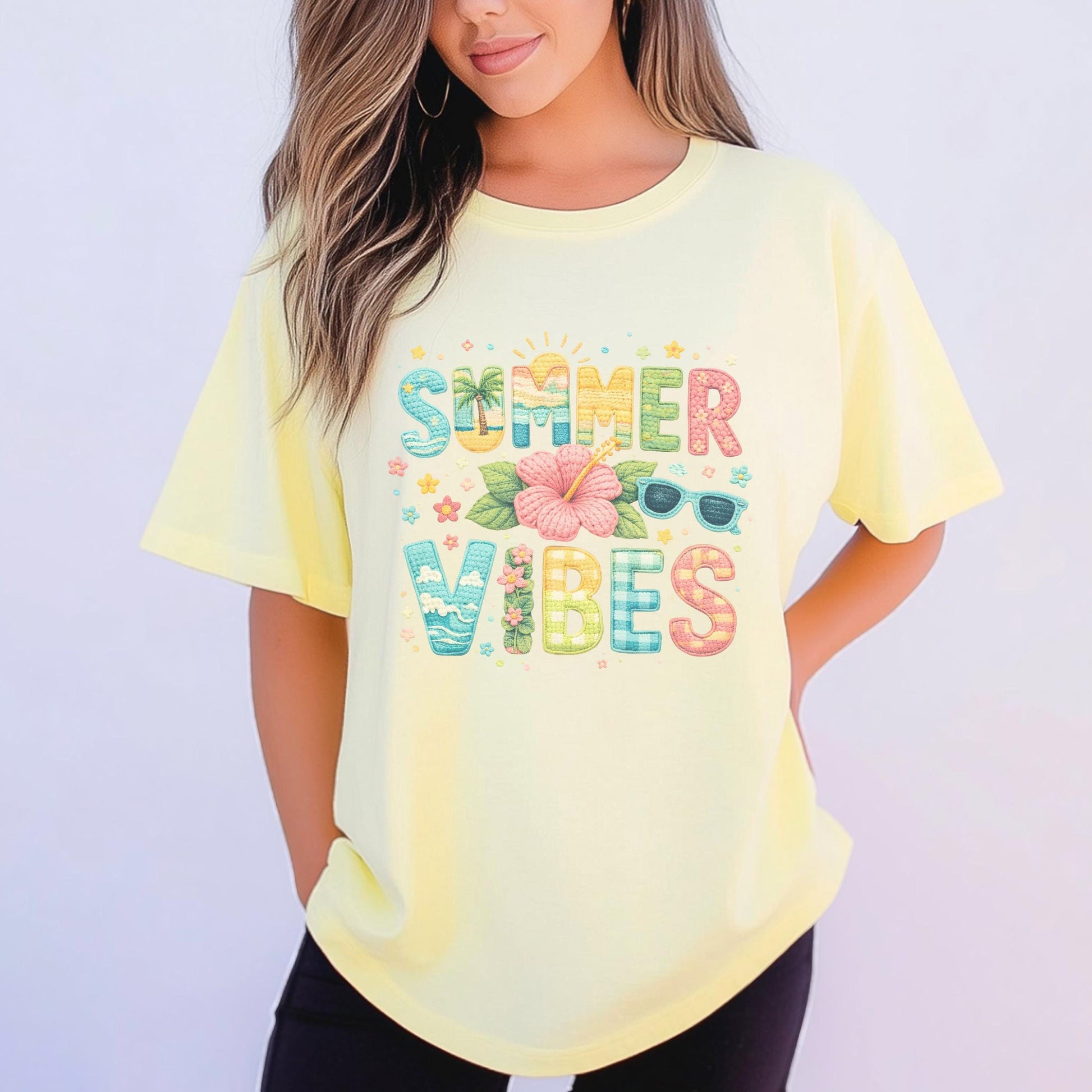 Summer Vibes T-Shirt, Fun Graphic Tee, Beach Holiday Shirt, Bright Colorful Design, For Women, Cute Casual Outfit, Vacation Style, Size S-XL