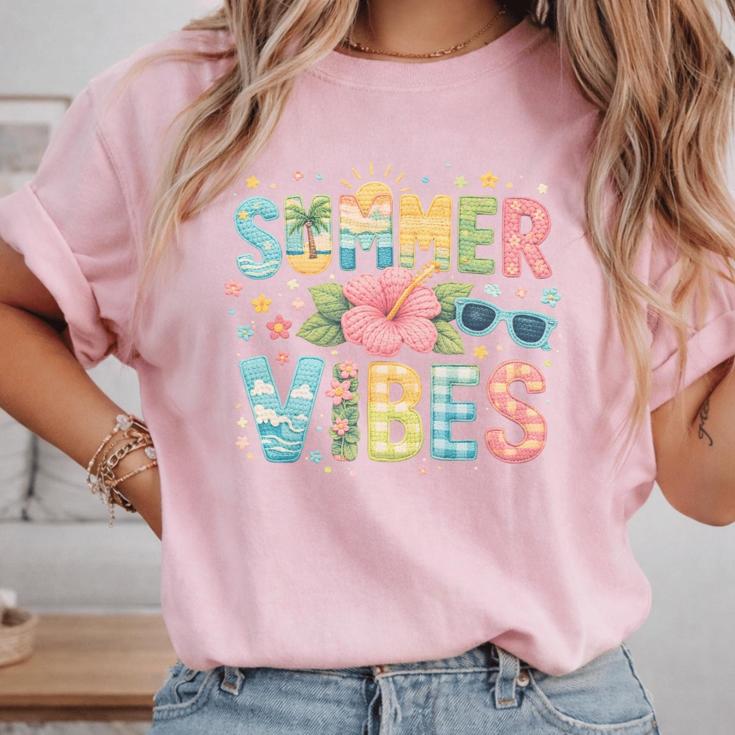 Summer Vibes T-Shirt, Fun Graphic Tee, Beach Holiday Shirt, Bright Colorful Design, For Women, Cute Casual Outfit, Vacation Style, Size S-XL