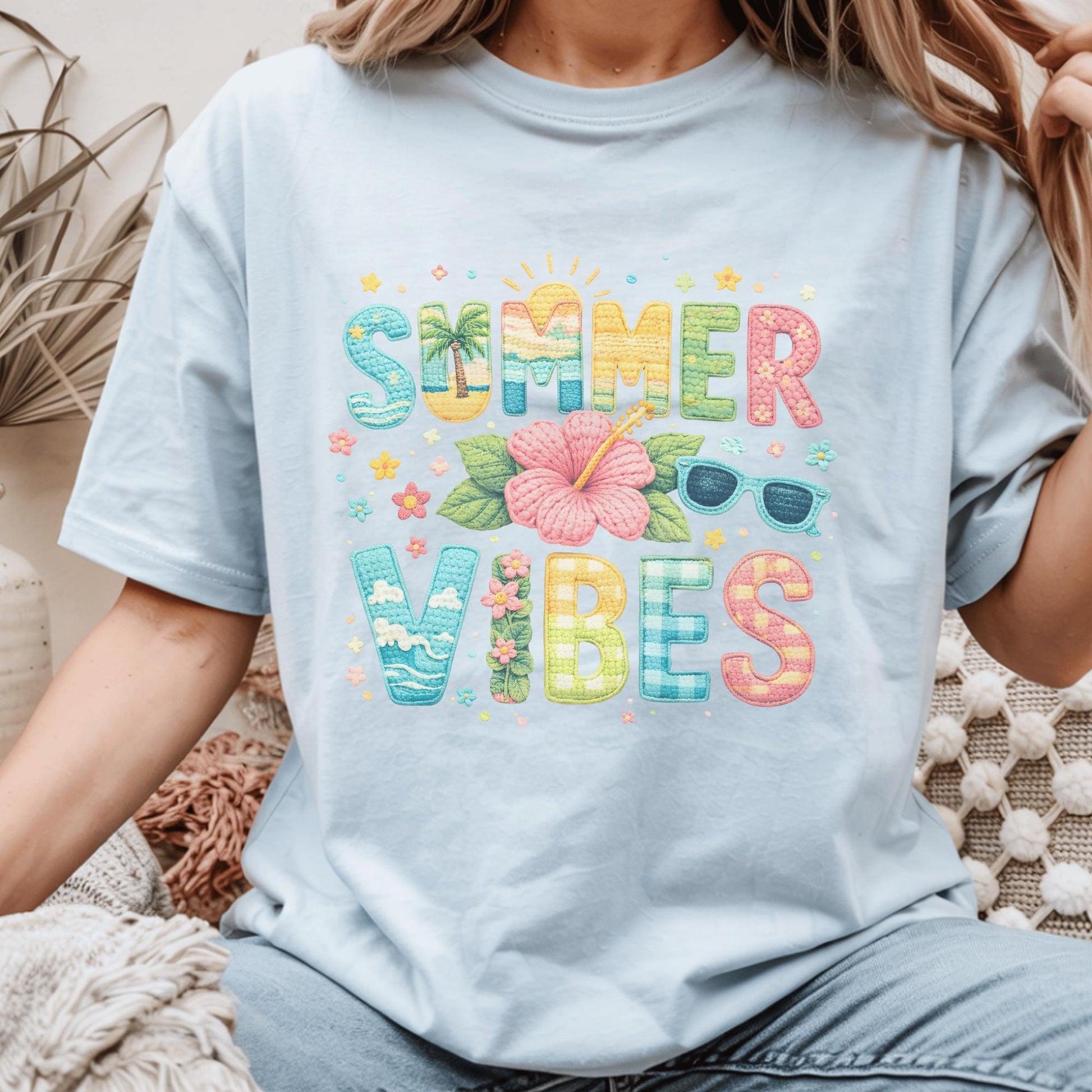 Summer Vibes T-Shirt, Fun Graphic Tee, Beach Holiday Shirt, Bright Colorful Design, For Women, Cute Casual Outfit, Vacation Style, Size S-XL