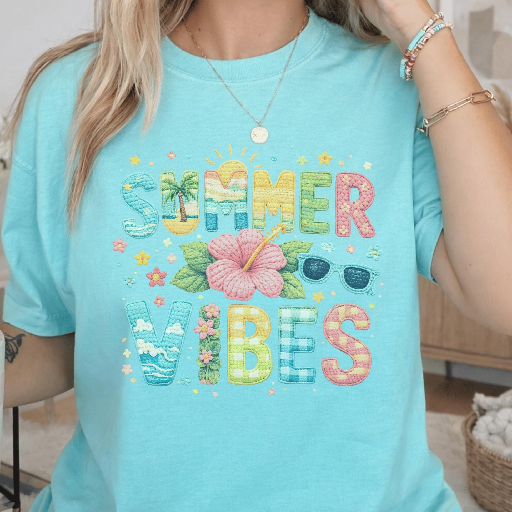 Summer Vibes T-Shirt, Fun Graphic Tee, Beach Holiday Shirt, Bright Colorful Design, For Women, Cute Casual Outfit, Vacation Style, Size S-XL