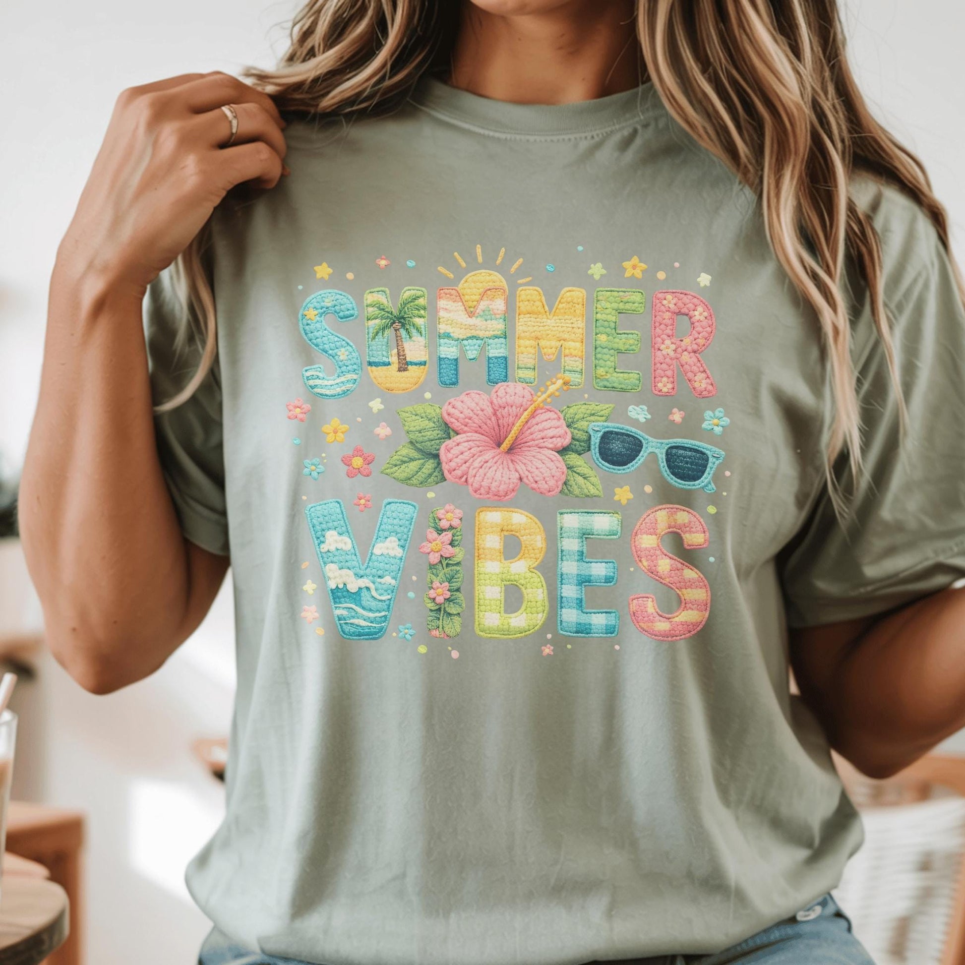 Summer Vibes T-Shirt, Fun Graphic Tee, Beach Holiday Shirt, Bright Colorful Design, For Women, Cute Casual Outfit, Vacation Style, Size S-XL