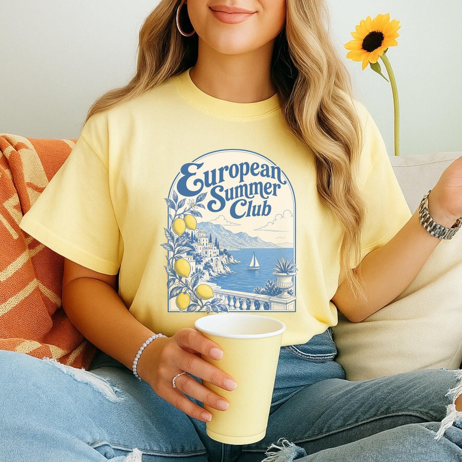 European Summer Club T-Shirt, Coastal Lemon Graphic Tee, Beach Holiday Shirt