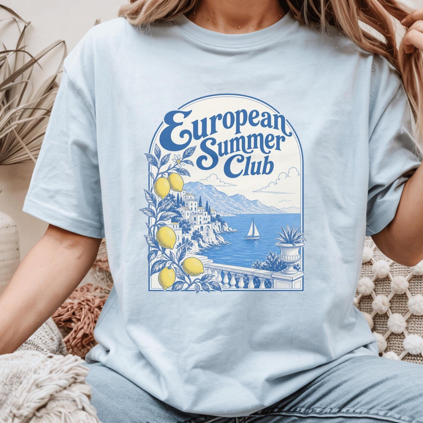 European Summer Club T-Shirt, Coastal Lemon Graphic Tee, Beach Holiday Shirt