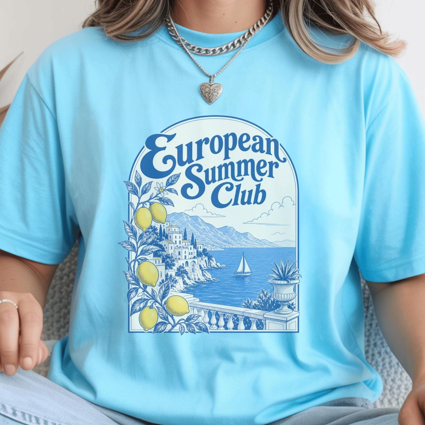 European Summer Club T-Shirt, Coastal Lemon Graphic Tee, Beach Holiday Shirt