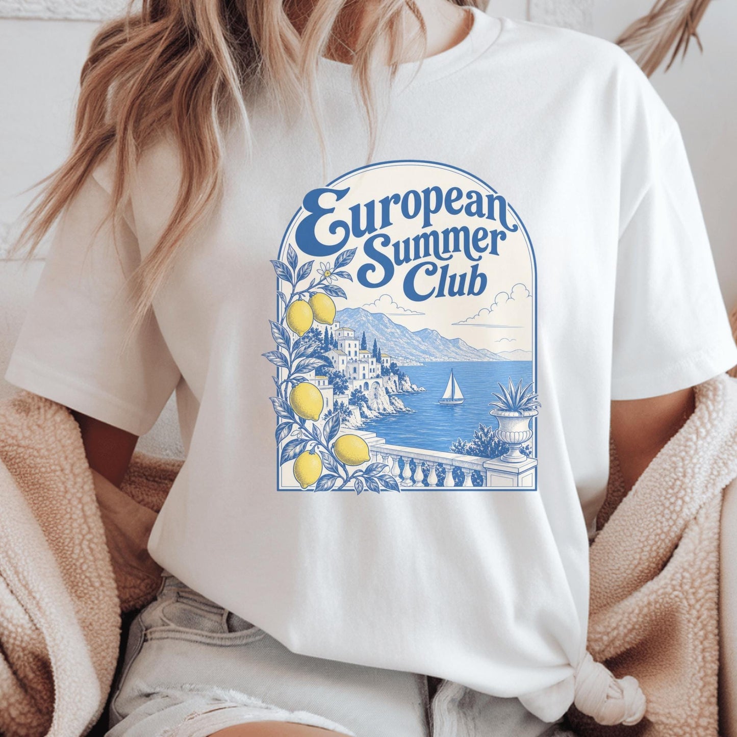 European Summer Club T-Shirt, Coastal Lemon Graphic Tee, Beach Holiday Shirt