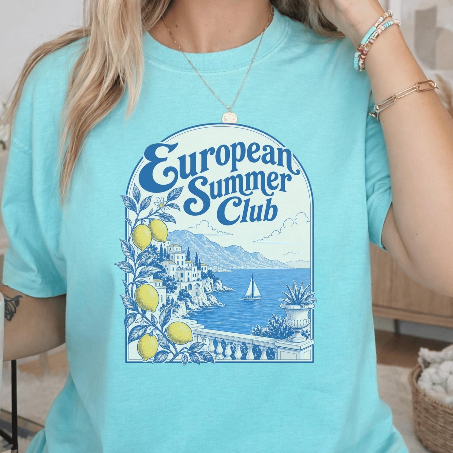 European Summer Club T-Shirt, Coastal Lemon Graphic Tee, Beach Holiday Shirt