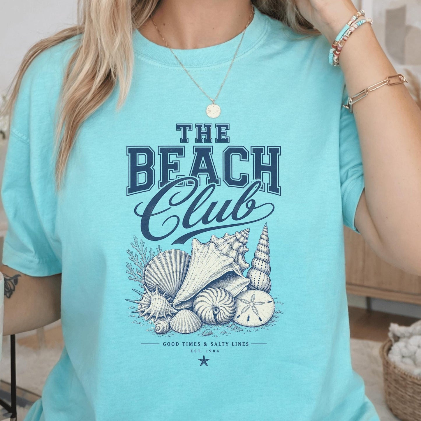 Beach Club T-Shirt, Nautical Design Tee, Coastal Beach Shells Graphic, Seaside Surf Shirt, Summer Vacation Clothing, Holiday Gift