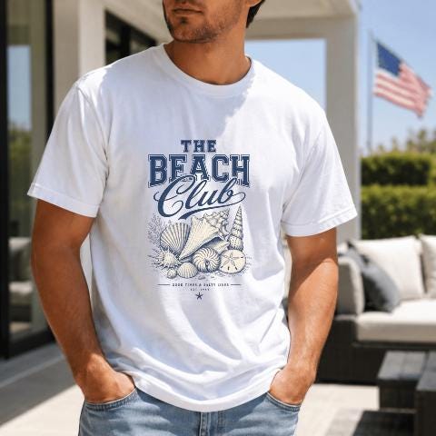 Beach Club T-Shirt, Nautical Design Tee, Coastal Beach Shells Graphic, Seaside Surf Shirt, Summer Vacation Clothing, Holiday Gift
