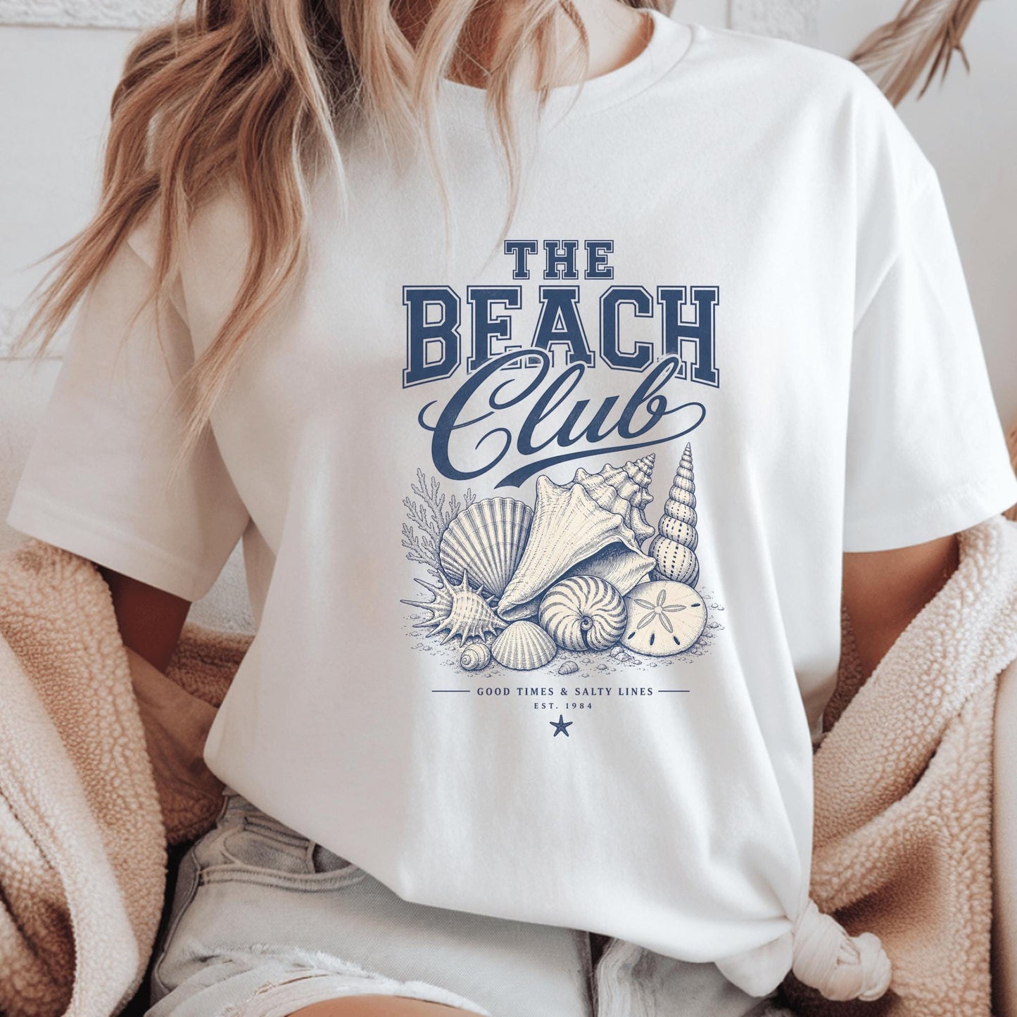 Beach Club T-Shirt, Nautical Design Tee, Coastal Beach Shells Graphic, Seaside Surf Shirt, Summer Vacation Clothing, Holiday Gift