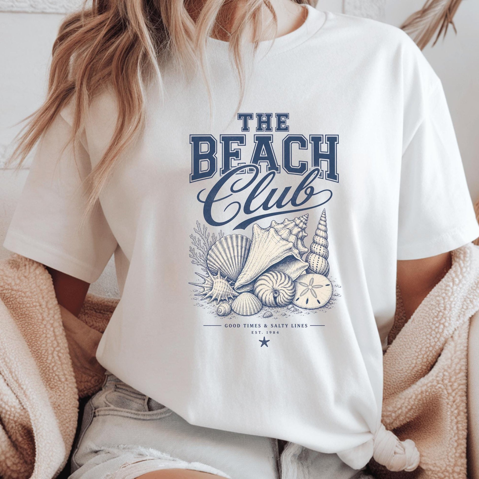 Beach Club T-Shirt, Nautical Design Tee, Coastal Beach Shells Graphic, Seaside Surf Shirt, Summer Vacation Clothing, Holiday Gift