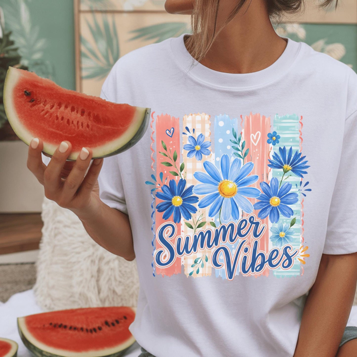 Summer Vibes T-Shirt, Floral Graphic Tee, Customizable Cotton Top, Relaxed Fit, Perfect Summer Outfit, Gift for Her, Trendy Fashion