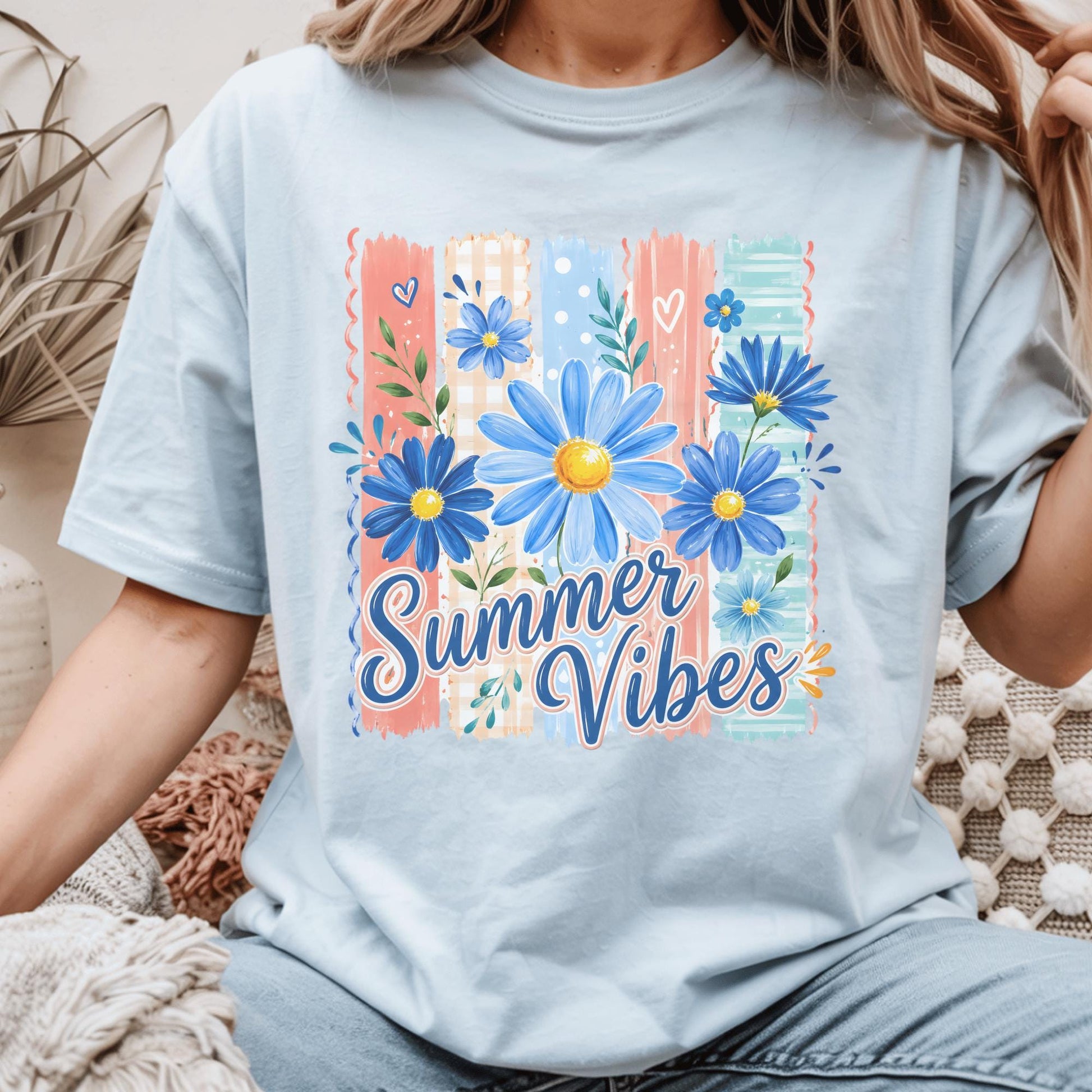 Summer Vibes T-Shirt, Floral Graphic Tee, Customizable Cotton Top, Relaxed Fit, Perfect Summer Outfit, Gift for Her, Trendy Fashion