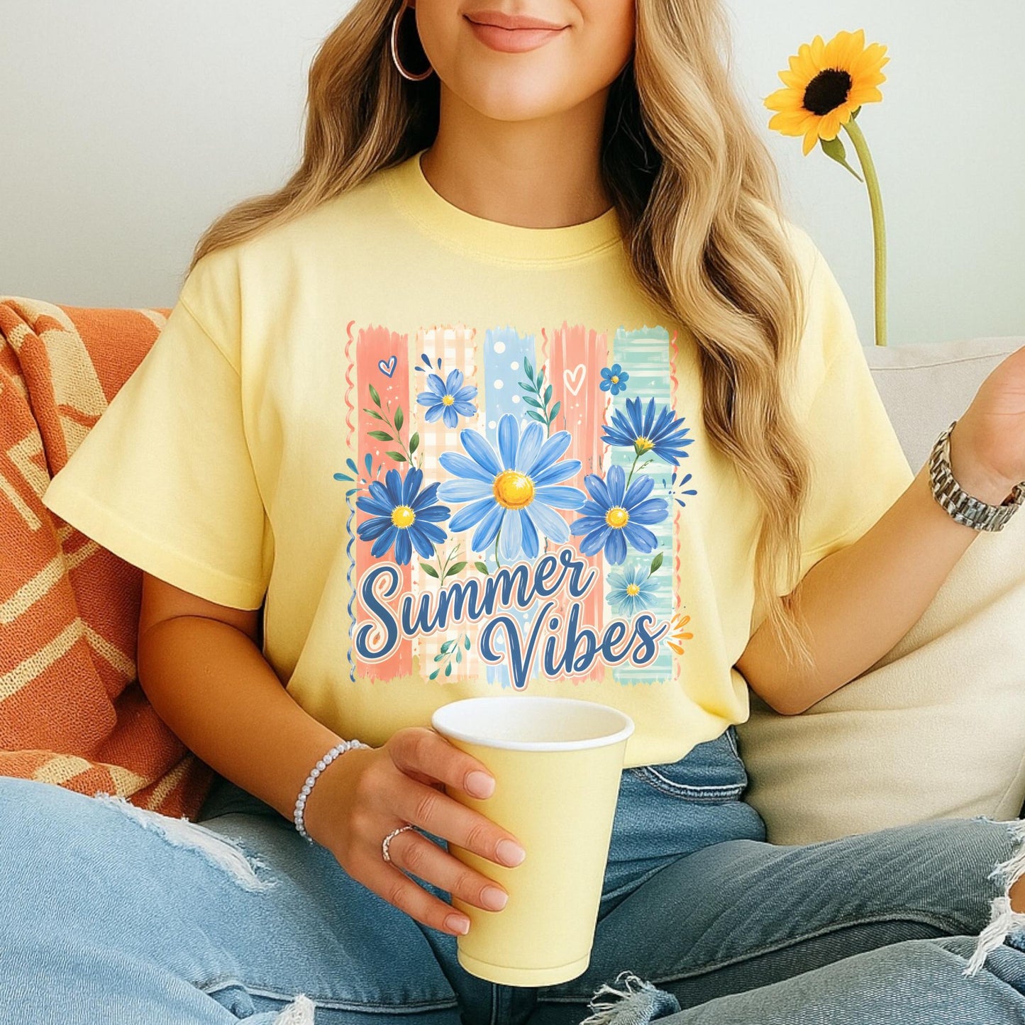 Summer Vibes T-Shirt, Floral Graphic Tee, Customizable Cotton Top, Relaxed Fit, Perfect Summer Outfit, Gift for Her, Trendy Fashion