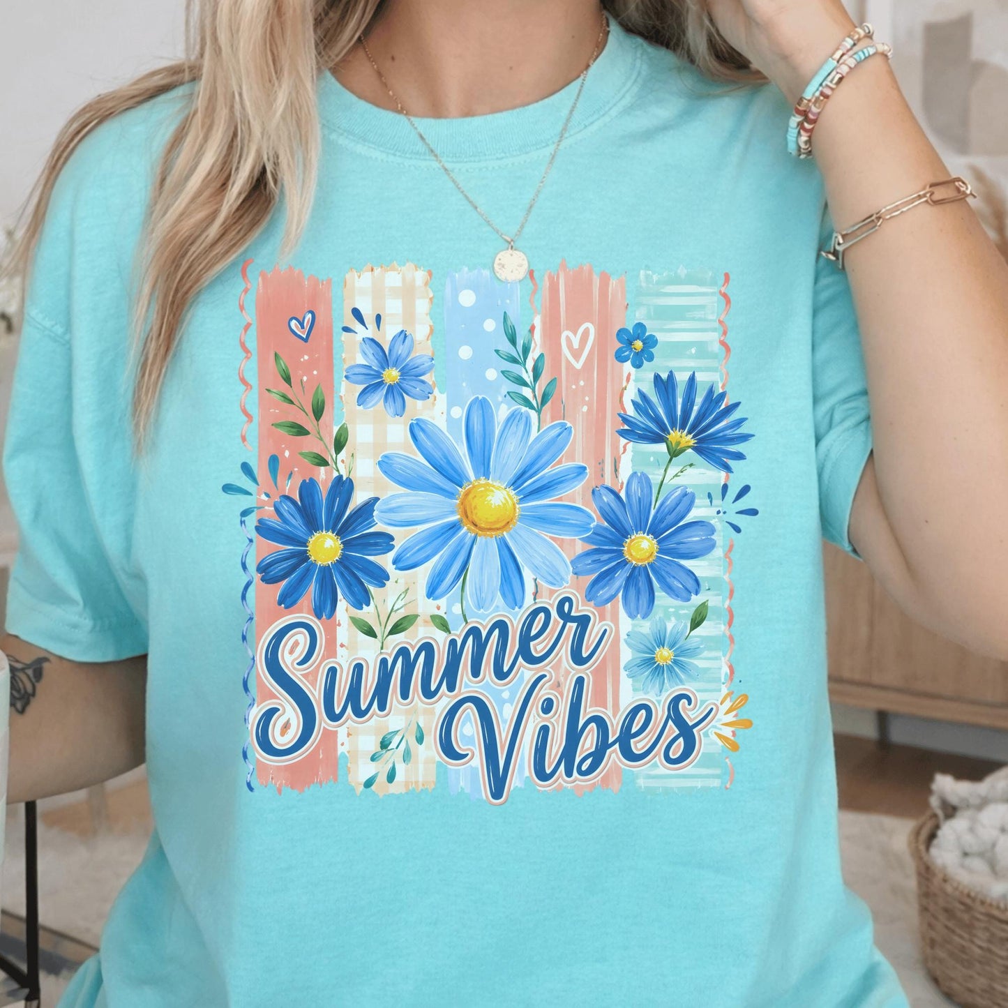 Summer Vibes T-Shirt, Floral Graphic Tee, Customizable Cotton Top, Relaxed Fit, Perfect Summer Outfit, Gift for Her, Trendy Fashion