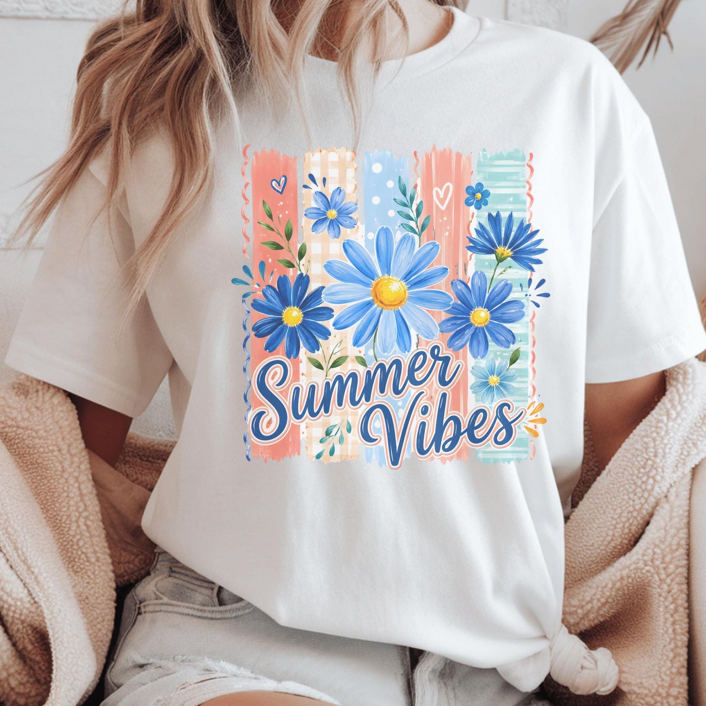 Summer Vibes T-Shirt, Floral Graphic Tee, Customizable Cotton Top, Relaxed Fit, Perfect Summer Outfit, Gift for Her, Trendy Fashion