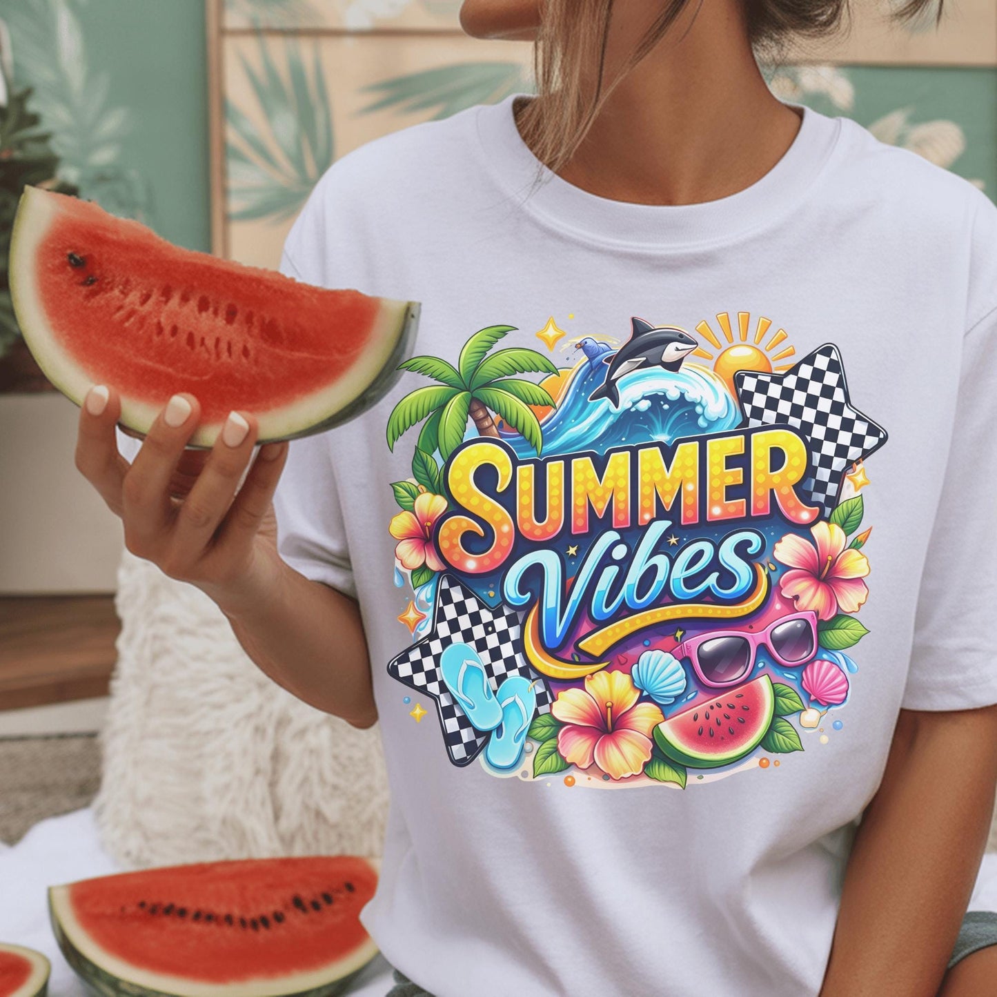 Summer Vibes Shirt, Beach Graphic Tee, Vibrant Summer T-Shirt, Colorful Holiday Wear, Casual Tropical Top, Seasonal Fun Apparel
