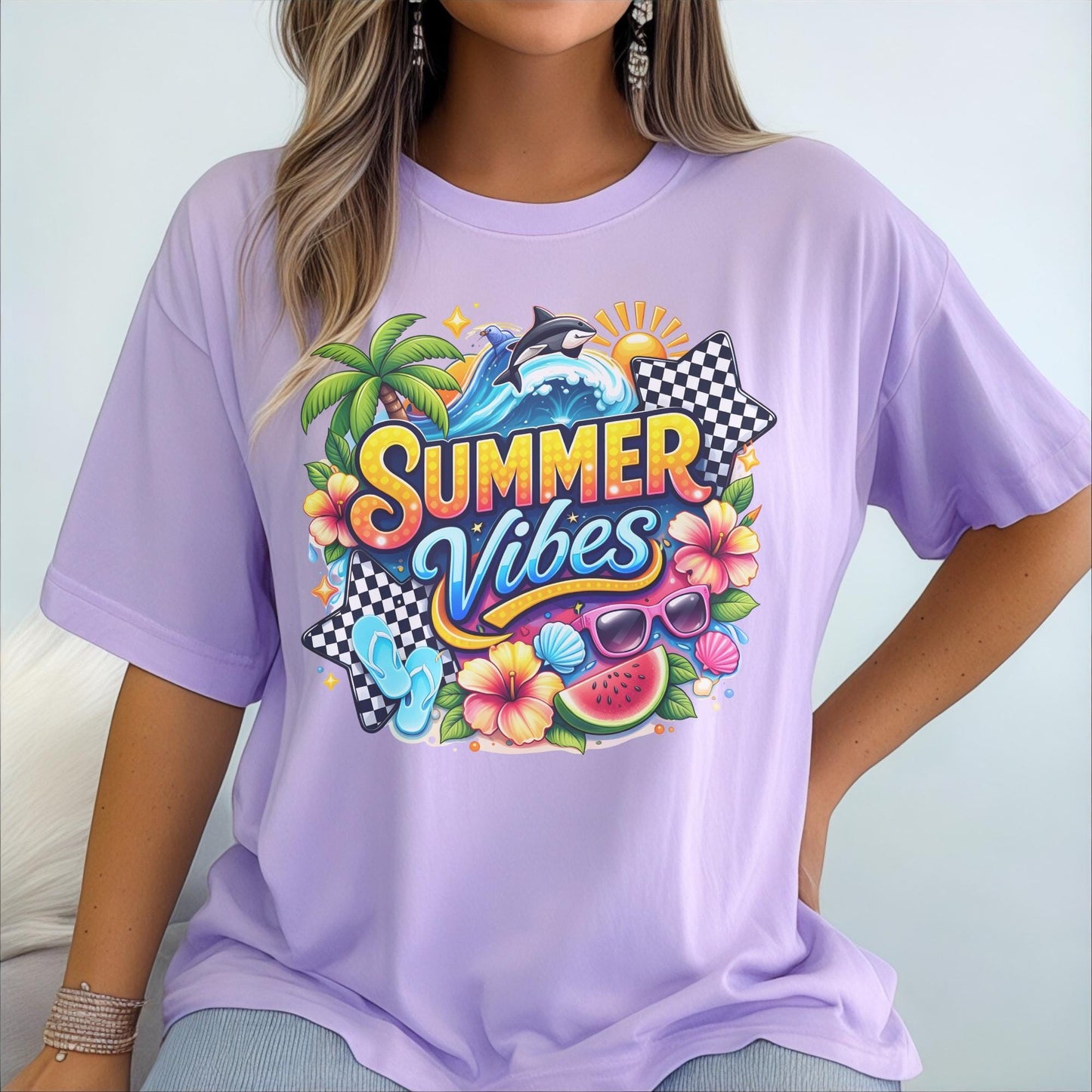 Summer Vibes Shirt, Beach Graphic Tee, Vibrant Summer T-Shirt, Colorful Holiday Wear, Casual Tropical Top, Seasonal Fun Apparel