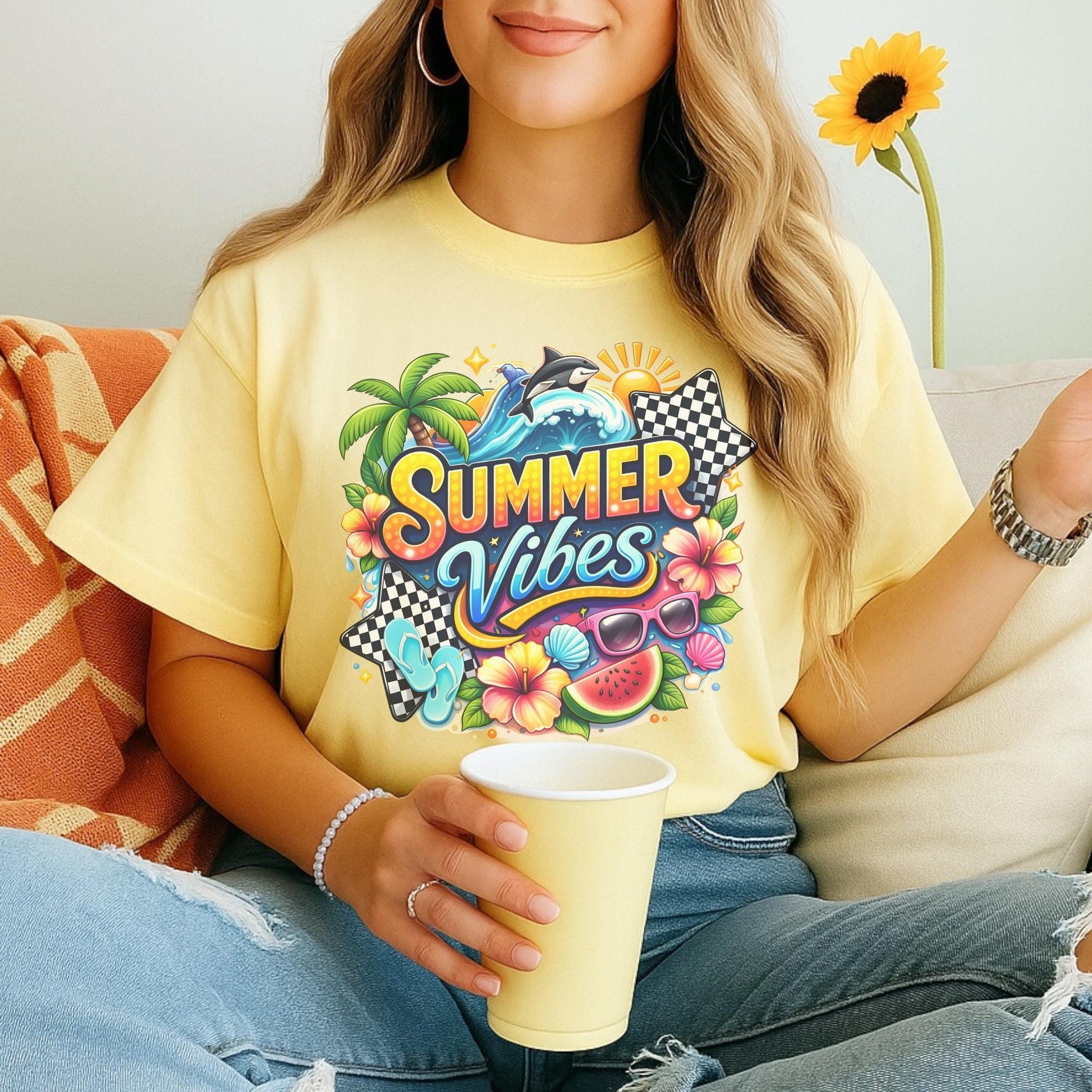 Summer Vibes Shirt, Beach Graphic Tee, Vibrant Summer T-Shirt, Colorful Holiday Wear, Casual Tropical Top, Seasonal Fun Apparel