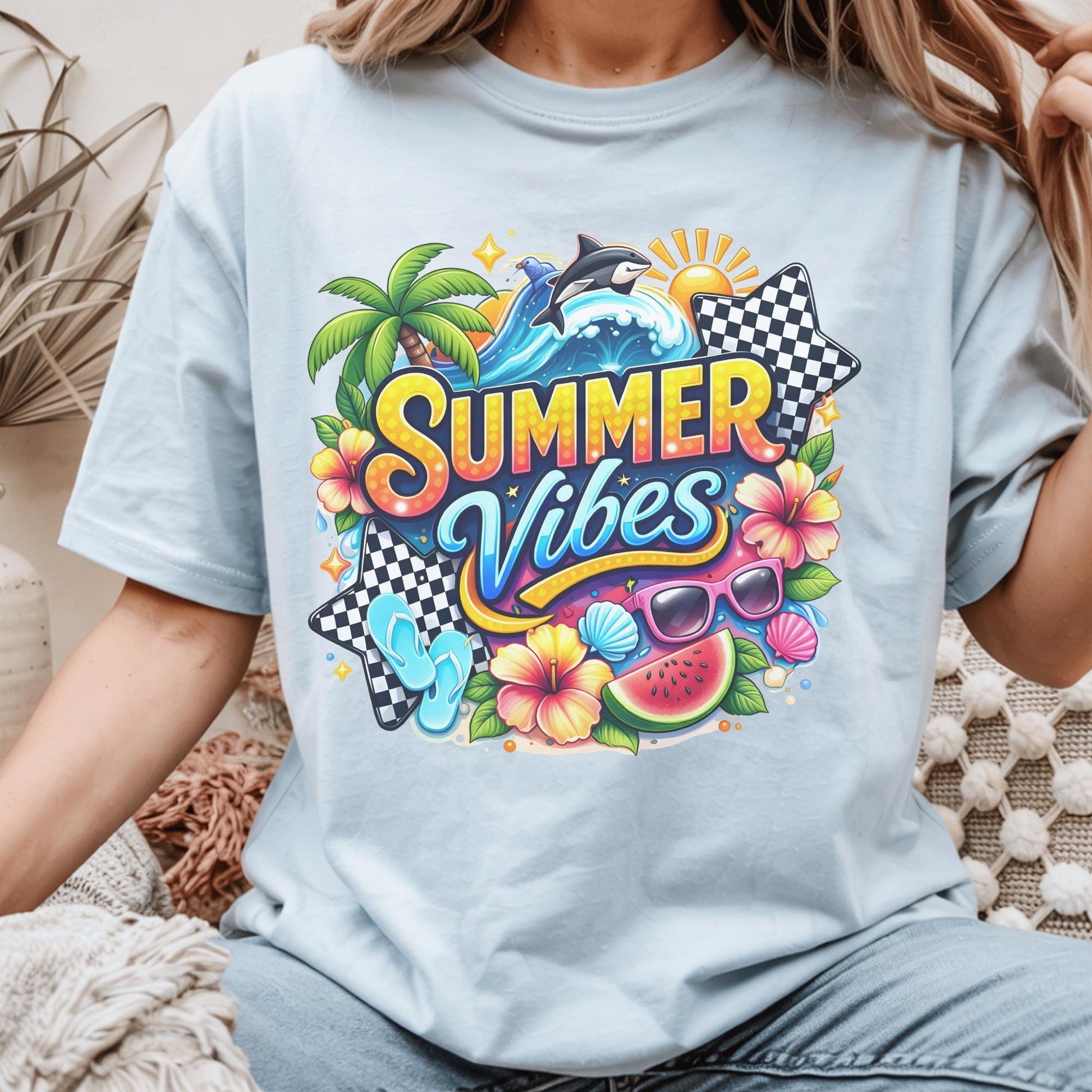 Summer Vibes Shirt, Beach Graphic Tee, Vibrant Summer T-Shirt, Colorful Holiday Wear, Casual Tropical Top, Seasonal Fun Apparel