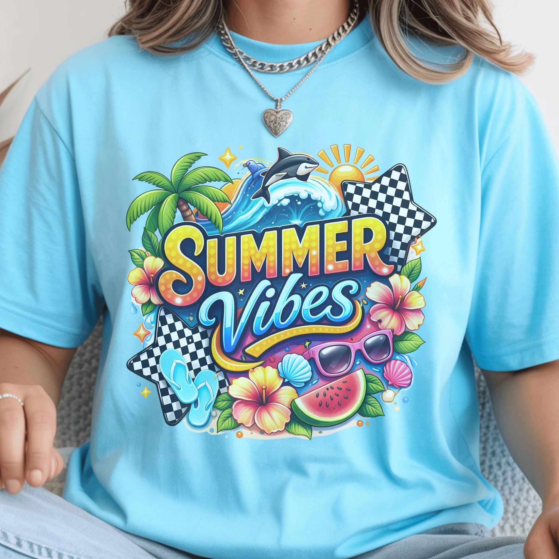 Summer Vibes Shirt, Beach Graphic Tee, Vibrant Summer T-Shirt, Colorful Holiday Wear, Casual Tropical Top, Seasonal Fun Apparel
