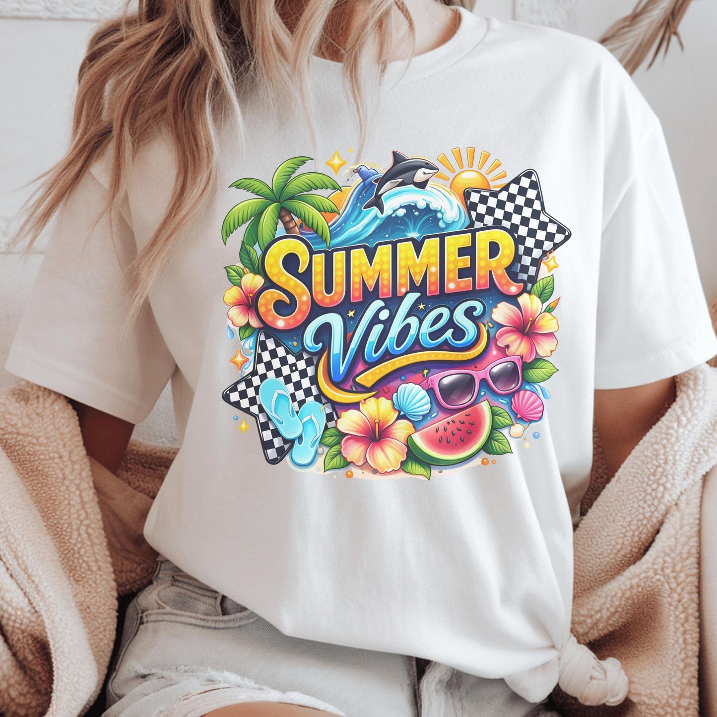 Summer Vibes Shirt, Beach Graphic Tee, Vibrant Summer T-Shirt, Colorful Holiday Wear, Casual Tropical Top, Seasonal Fun Apparel