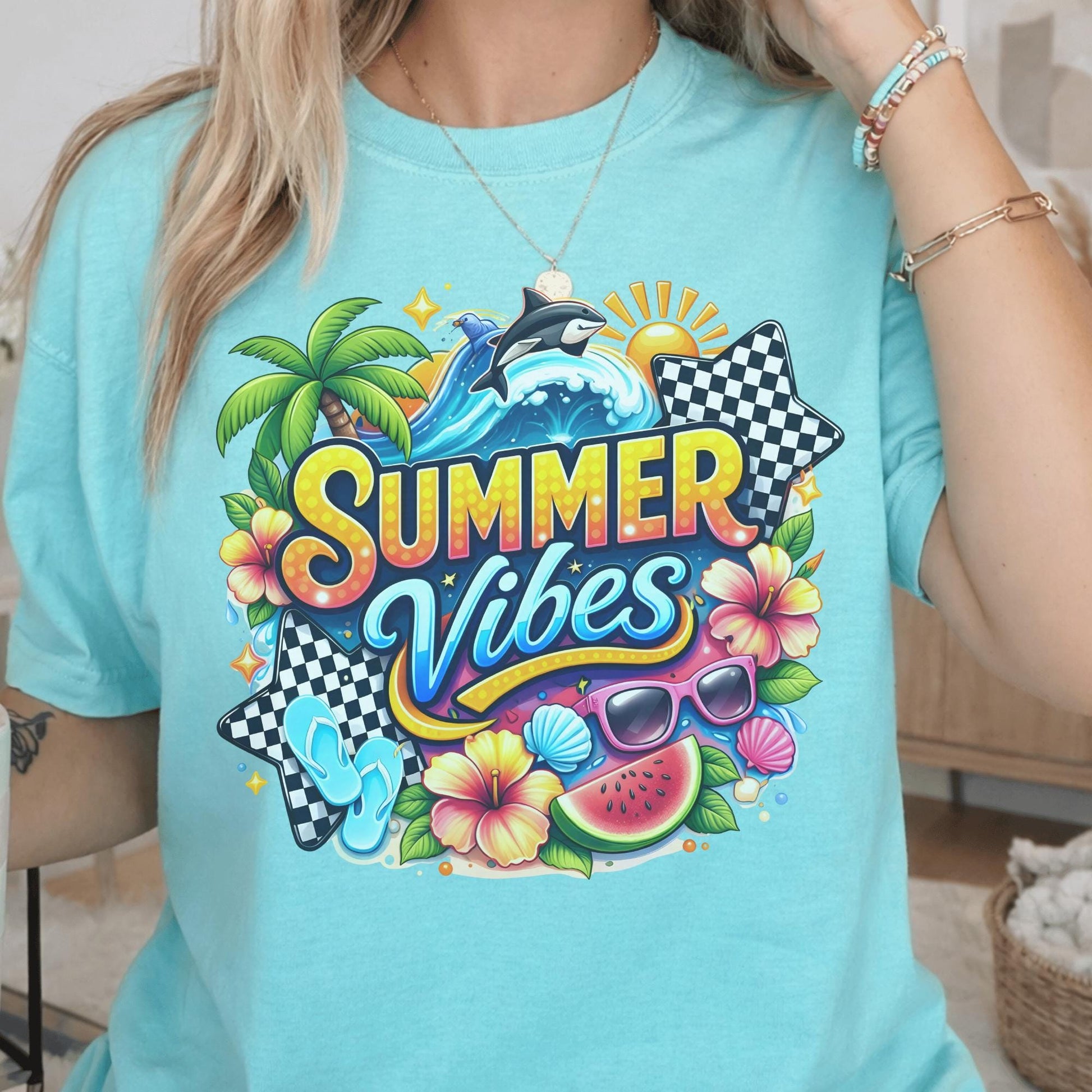 Summer Vibes Shirt, Beach Graphic Tee, Vibrant Summer T-Shirt, Colorful Holiday Wear, Casual Tropical Top, Seasonal Fun Apparel