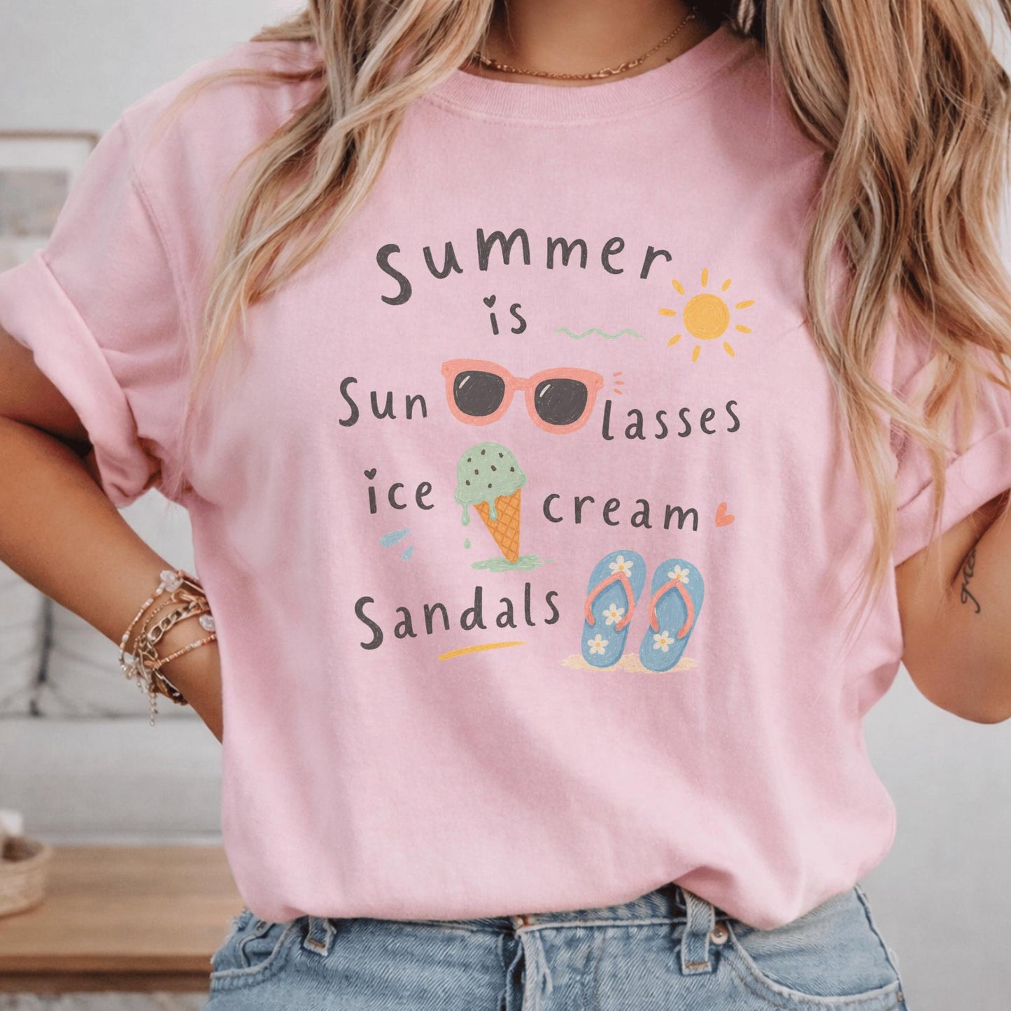 Summer Vibes T-Shirt, Cute Summer Design, Comfort Colors Tee, Sunglasses Sun Ice Cream Sandals, Funny Gift for Summer Lovers